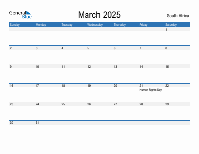 Current month calendar with South Africa holidays for March 2025