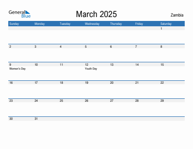 Current month calendar with Zambia holidays for March 2025