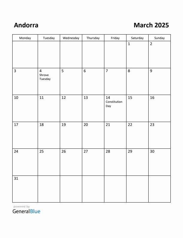 March 2025 Calendar with Andorra Holidays