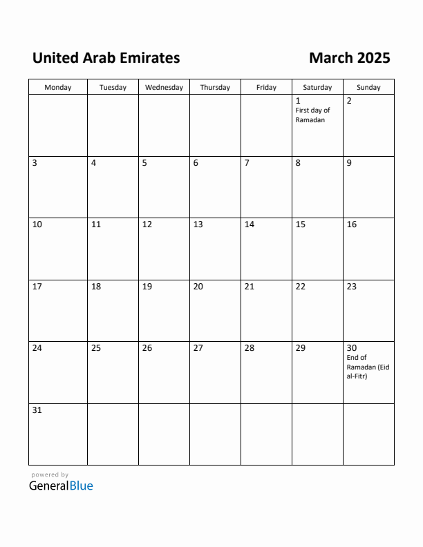 March 2025 Calendar with United Arab Emirates Holidays