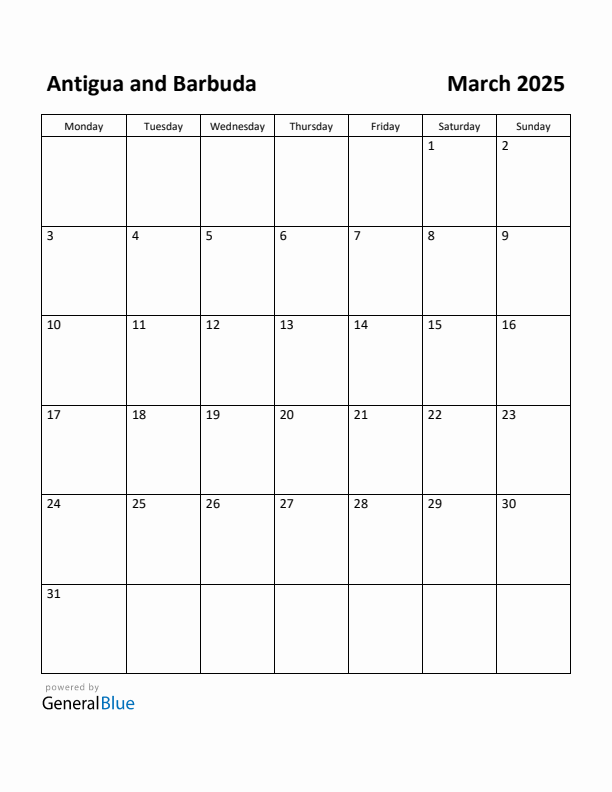 March 2025 Calendar with Antigua and Barbuda Holidays