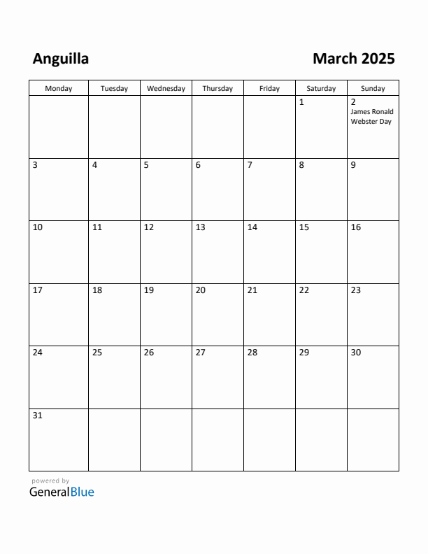 March 2025 Calendar with Anguilla Holidays