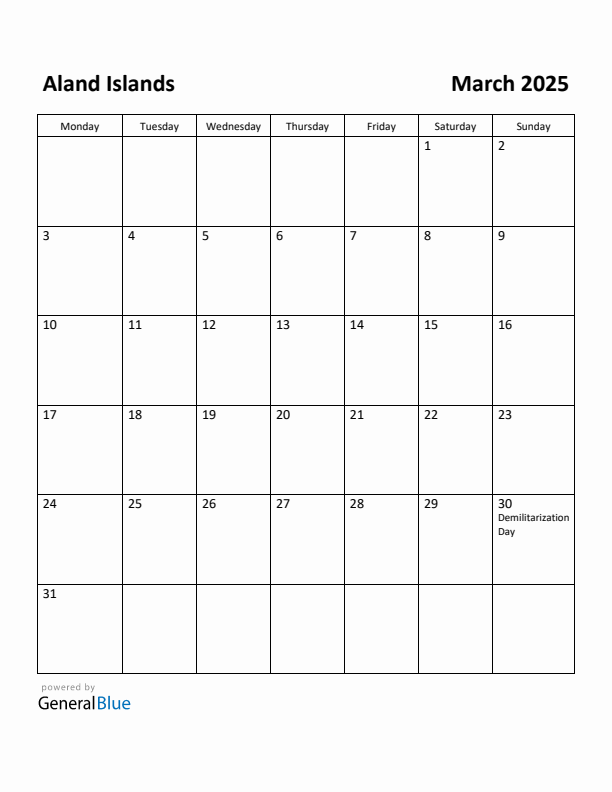 March 2025 Calendar with Aland Islands Holidays