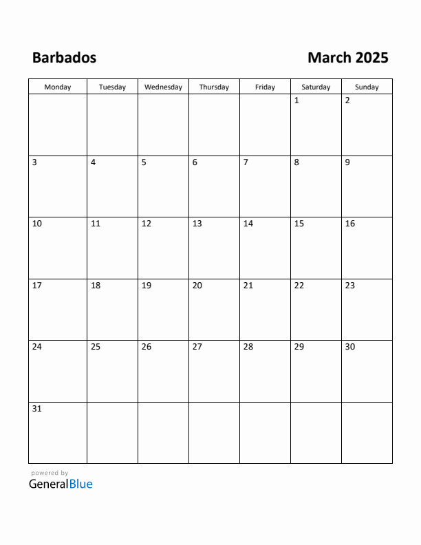 March 2025 Calendar with Barbados Holidays