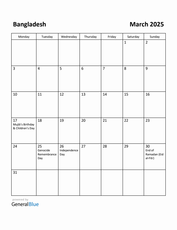 March 2025 Calendar with Bangladesh Holidays