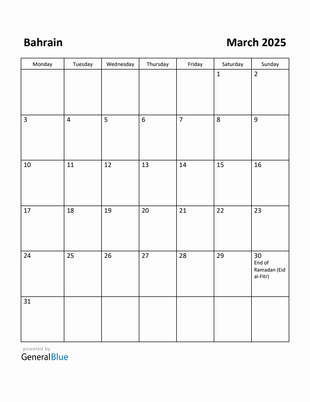 March 2025 Calendar with Bahrain Holidays