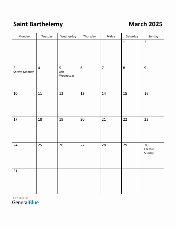 March 2025 Calendar with Saint Barthelemy Holidays