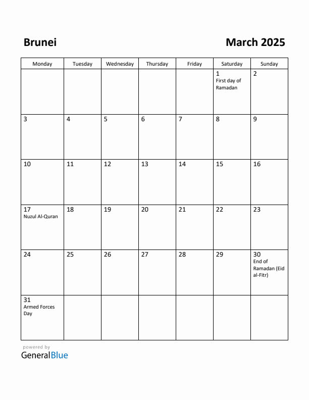 March 2025 Calendar with Brunei Holidays