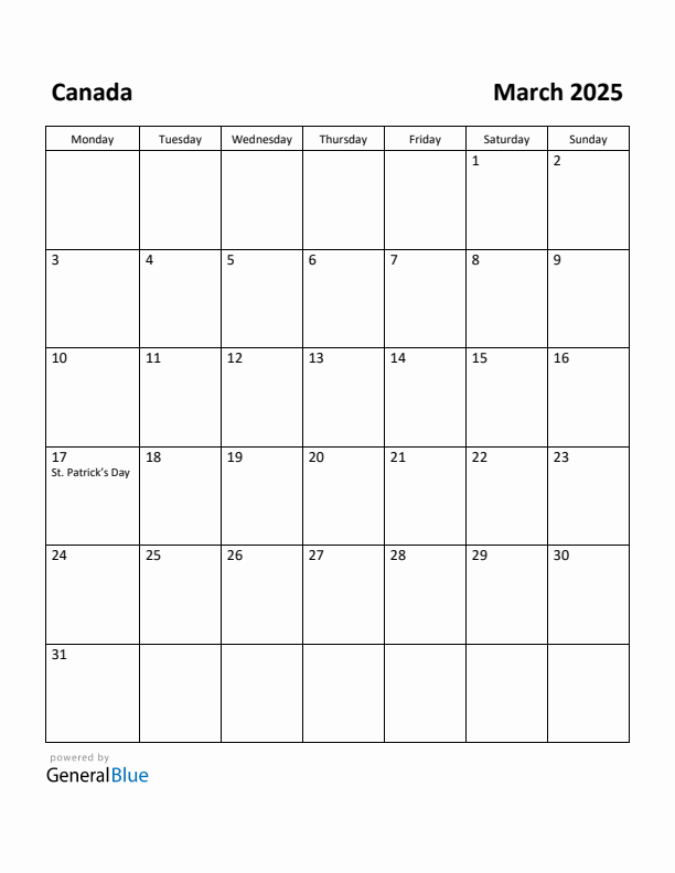 March 2025 Calendar with Canada Holidays