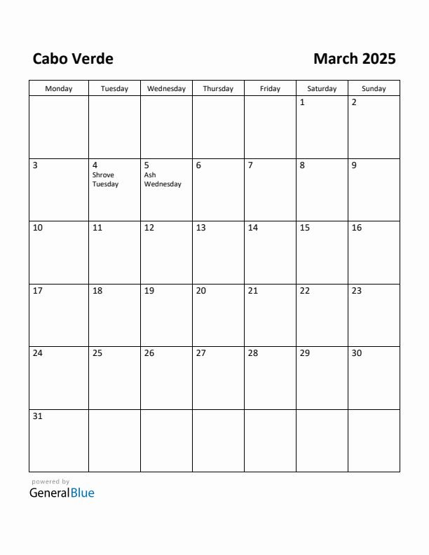 March 2025 Calendar with Cabo Verde Holidays