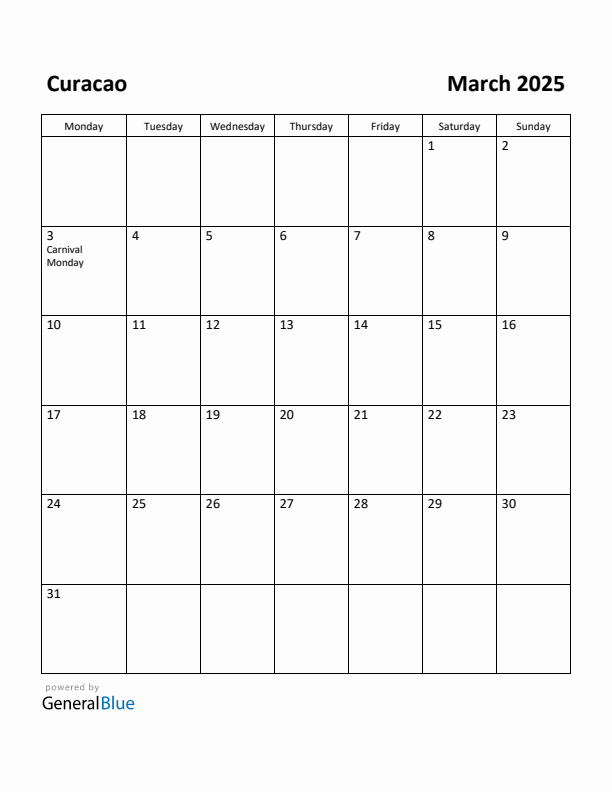 March 2025 Calendar with Curacao Holidays