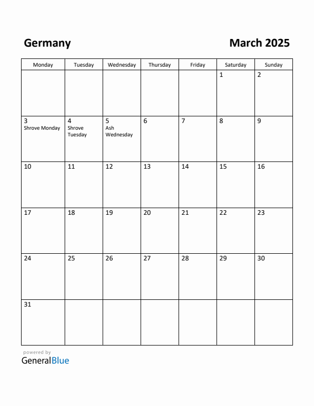 March 2025 Calendar with Germany Holidays