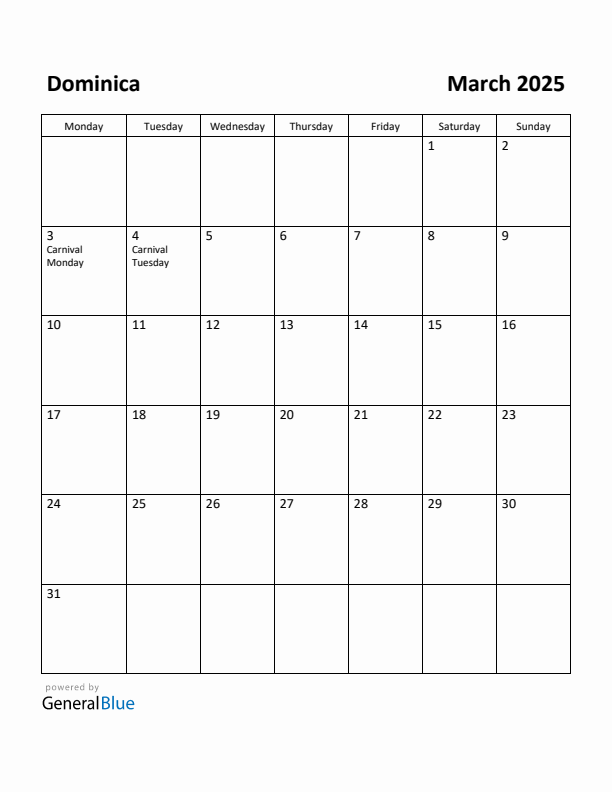 March 2025 Calendar with Dominica Holidays