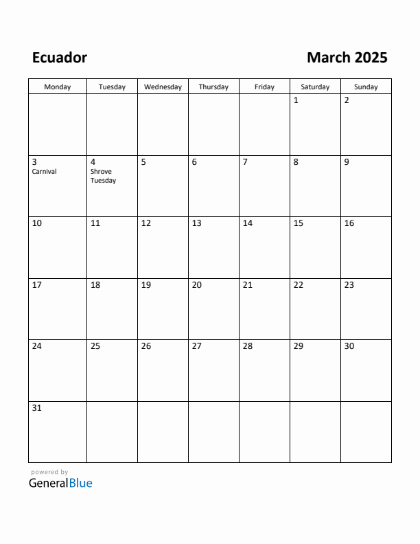 March 2025 Calendar with Ecuador Holidays