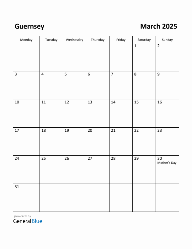 March 2025 Calendar with Guernsey Holidays