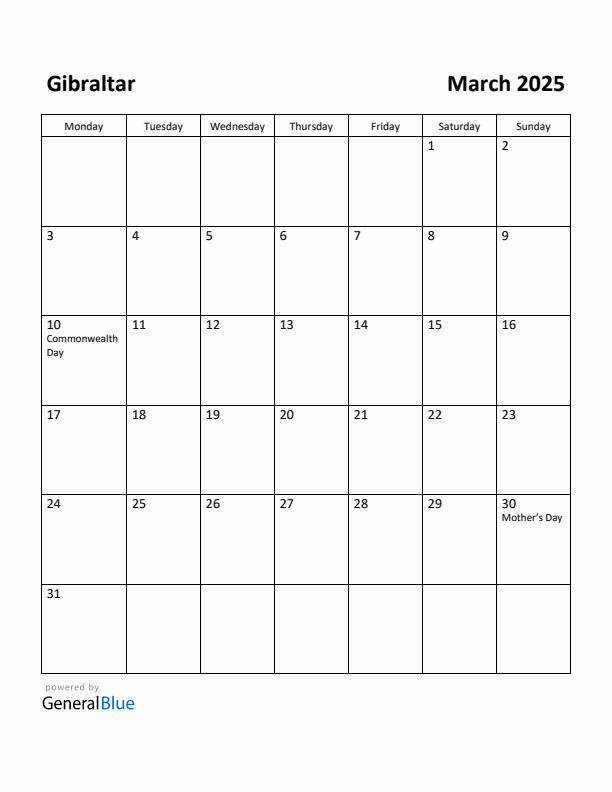 March 2025 Calendar with Gibraltar Holidays