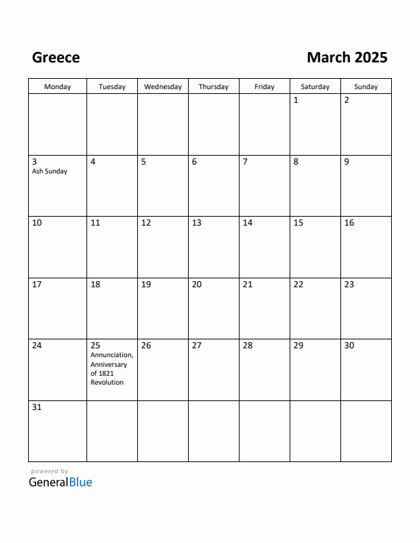 March 2025 Calendar with Greece Holidays