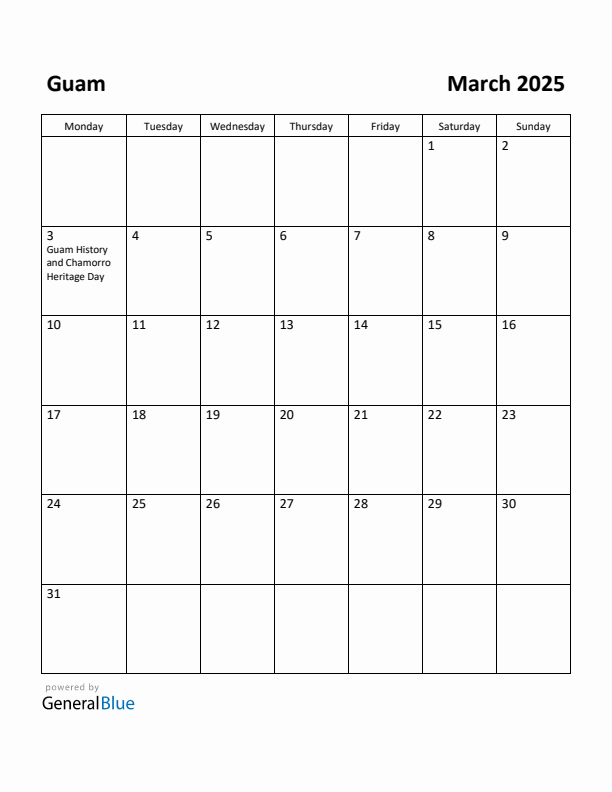 March 2025 Calendar with Guam Holidays