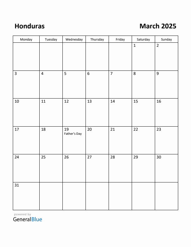 March 2025 Calendar with Honduras Holidays