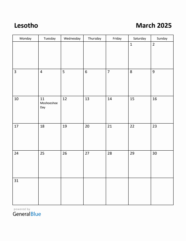 March 2025 Calendar with Lesotho Holidays