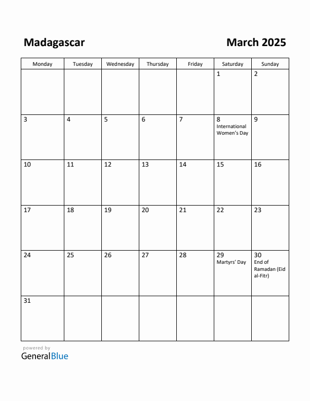 March 2025 Calendar with Madagascar Holidays