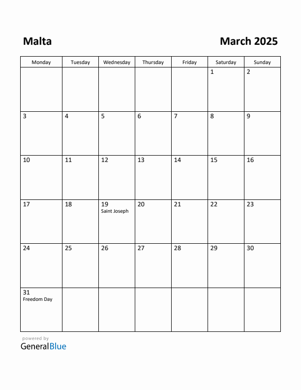 March 2025 Calendar with Malta Holidays