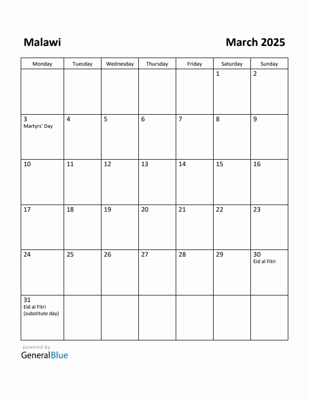 March 2025 Calendar with Malawi Holidays