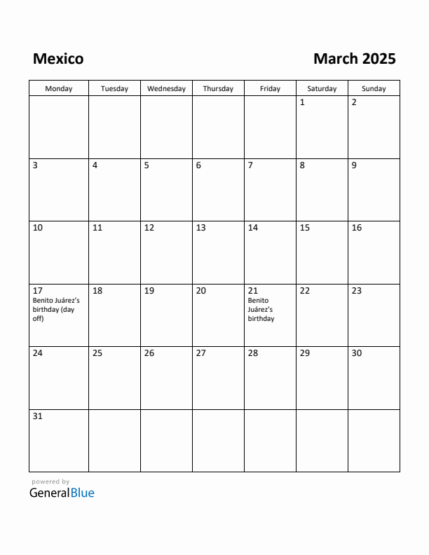 March 2025 Calendar with Mexico Holidays