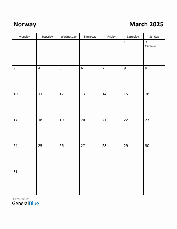 March 2025 Calendar with Norway Holidays