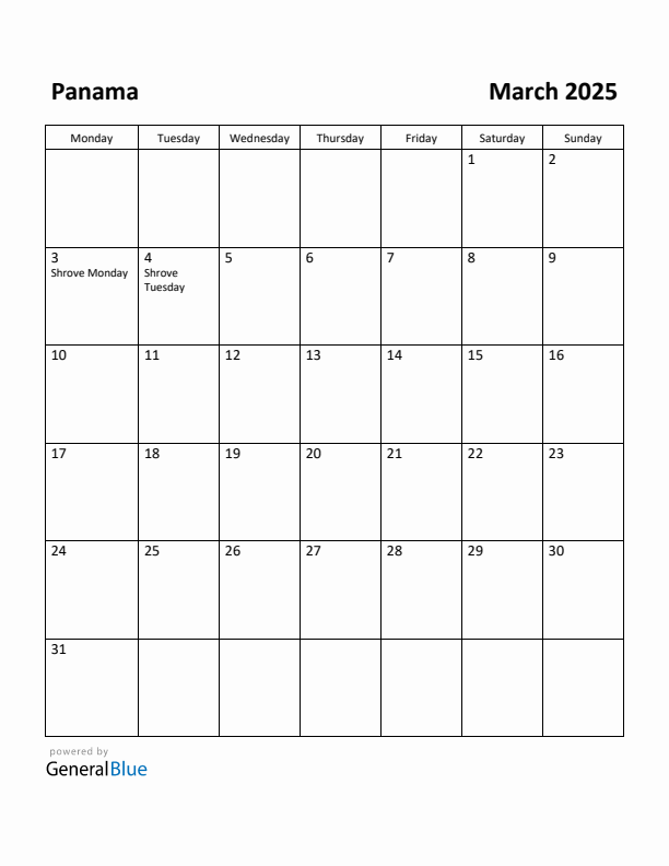 March 2025 Calendar with Panama Holidays