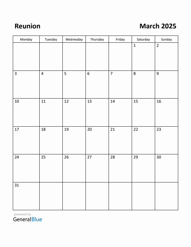 March 2025 Calendar with Reunion Holidays