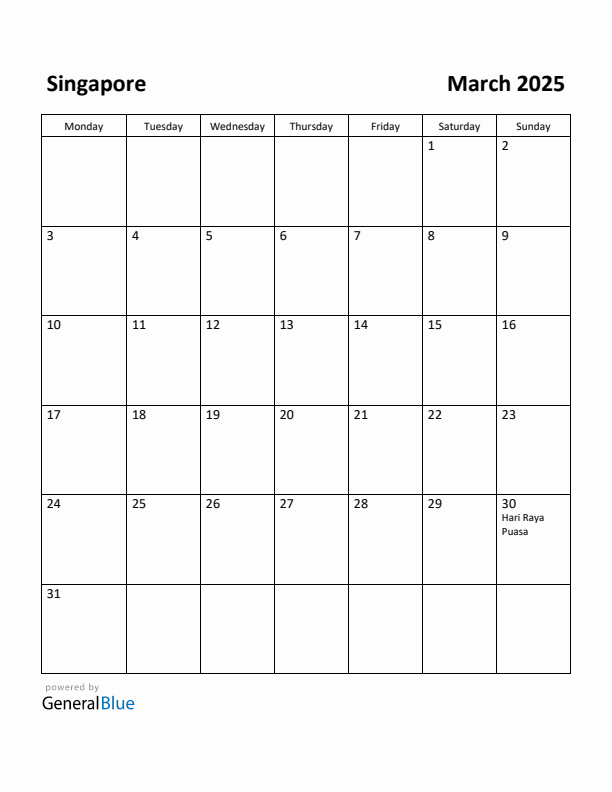 March 2025 Calendar with Singapore Holidays