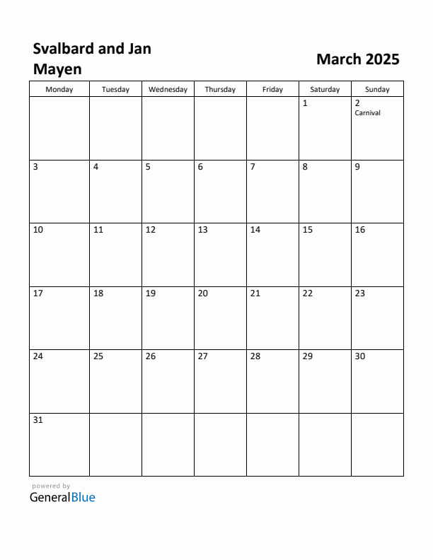 March 2025 Calendar with Svalbard and Jan Mayen Holidays