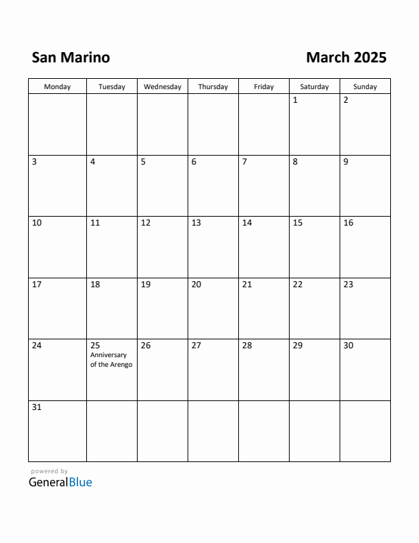 March 2025 Calendar with San Marino Holidays