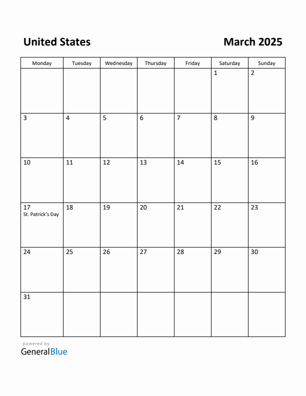 March 2025 Calendar with United States Holidays