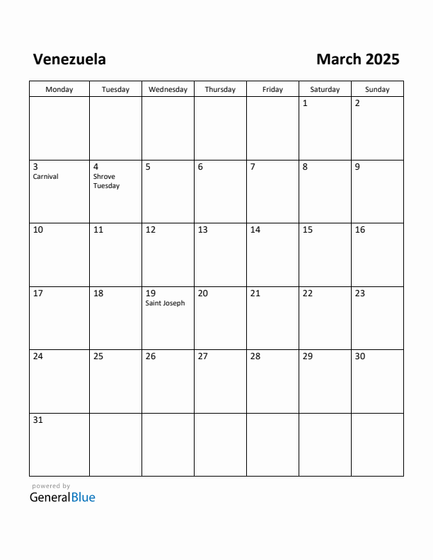 March 2025 Calendar with Venezuela Holidays