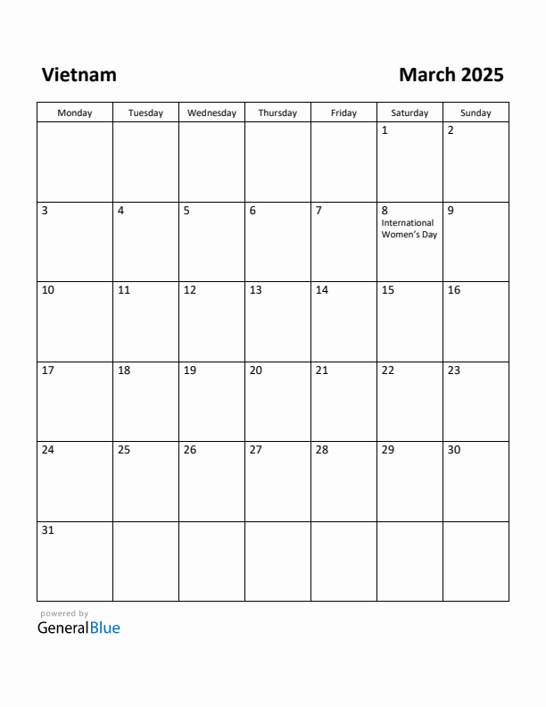 March 2025 Calendar with Vietnam Holidays