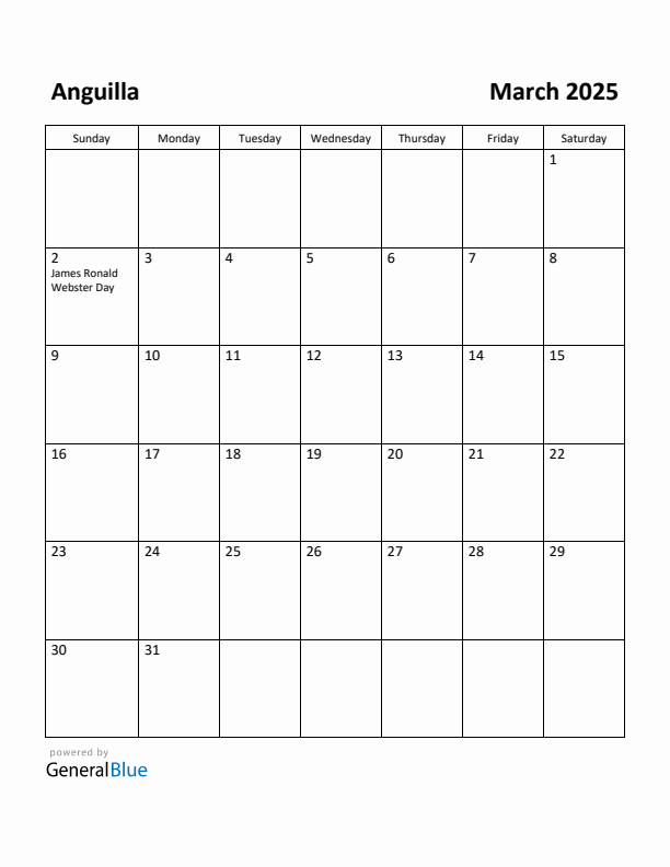 March 2025 Calendar with Anguilla Holidays