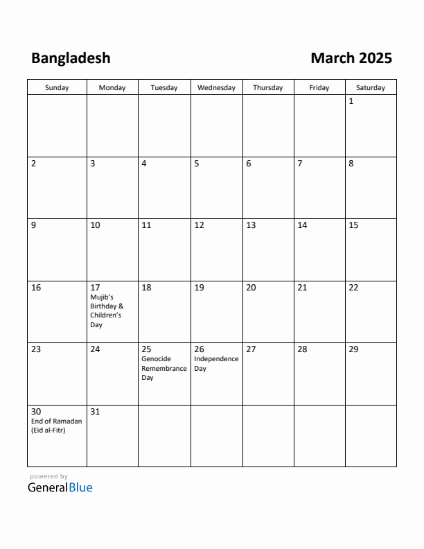 March 2025 Calendar with Bangladesh Holidays