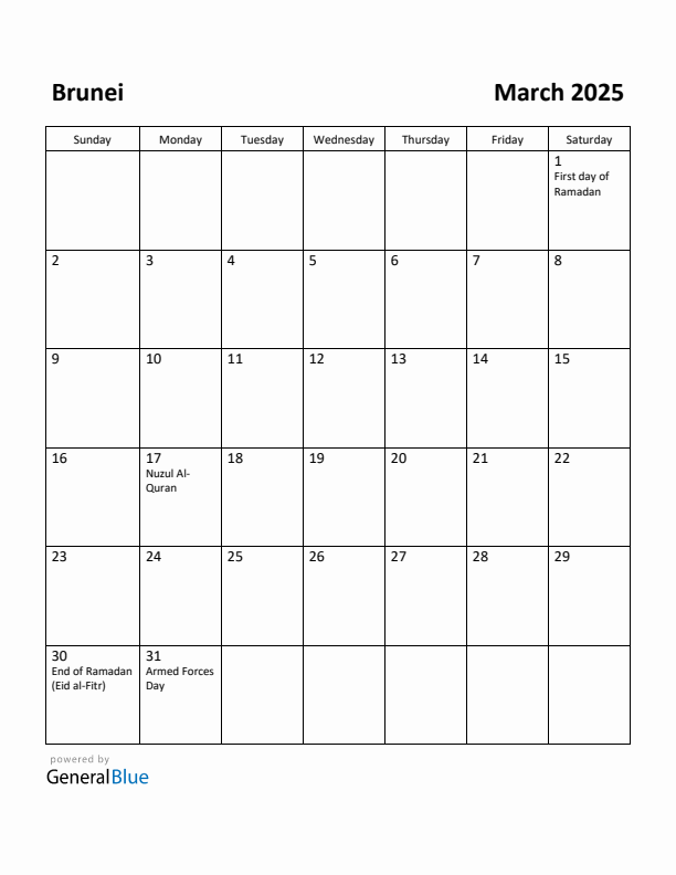 March 2025 Calendar with Brunei Holidays