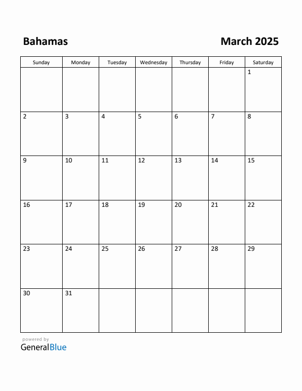 March 2025 Calendar with Bahamas Holidays