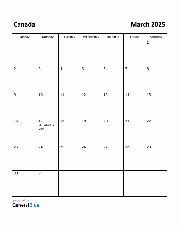 March 2025 Calendar with Canada Holidays