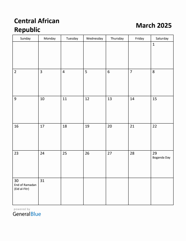 March 2025 Calendar with Central African Republic Holidays