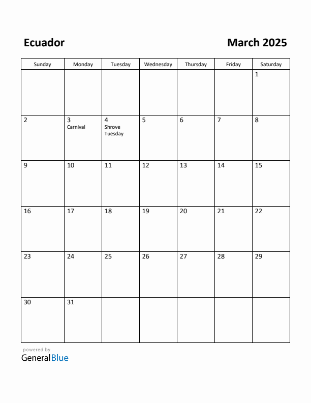 March 2025 Calendar with Ecuador Holidays