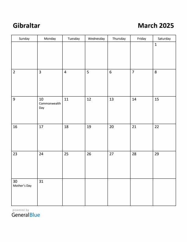 March 2025 Calendar with Gibraltar Holidays