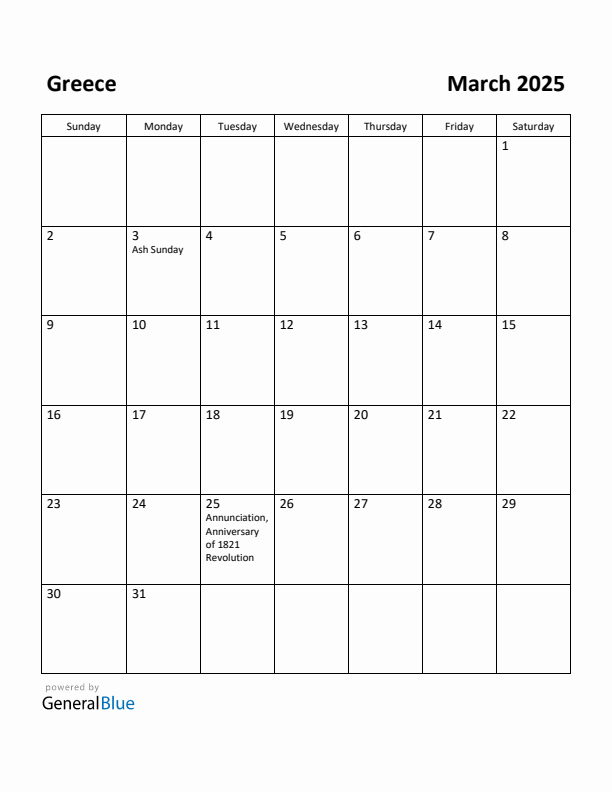 March 2025 Calendar with Greece Holidays