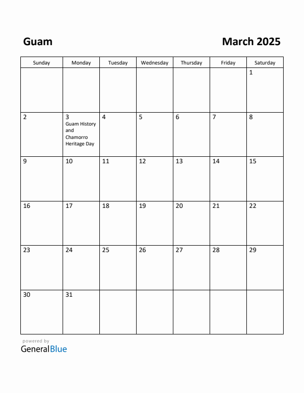 March 2025 Calendar with Guam Holidays