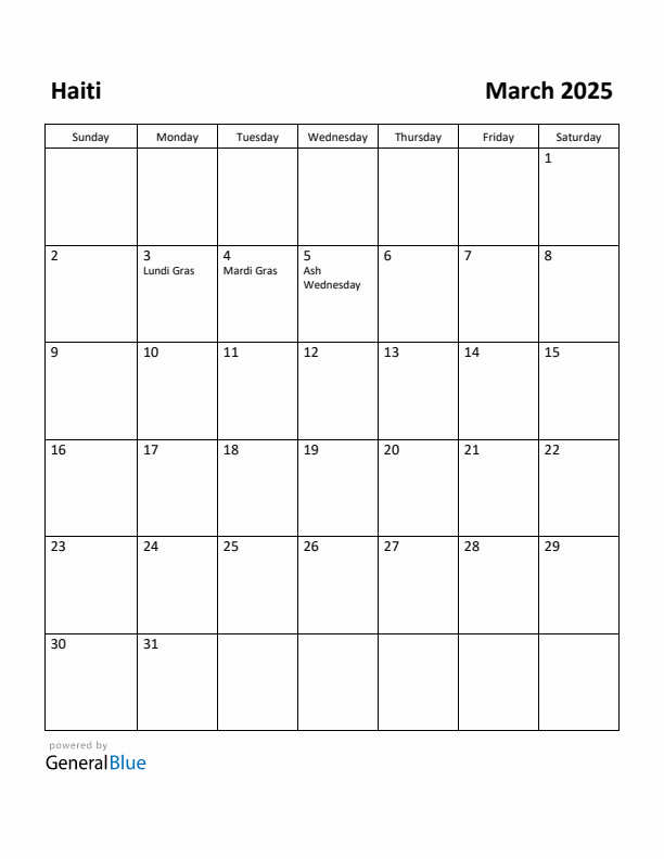 March 2025 Calendar with Haiti Holidays