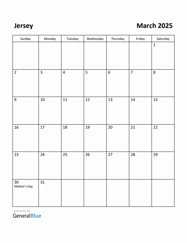 March 2025 Calendar with Jersey Holidays