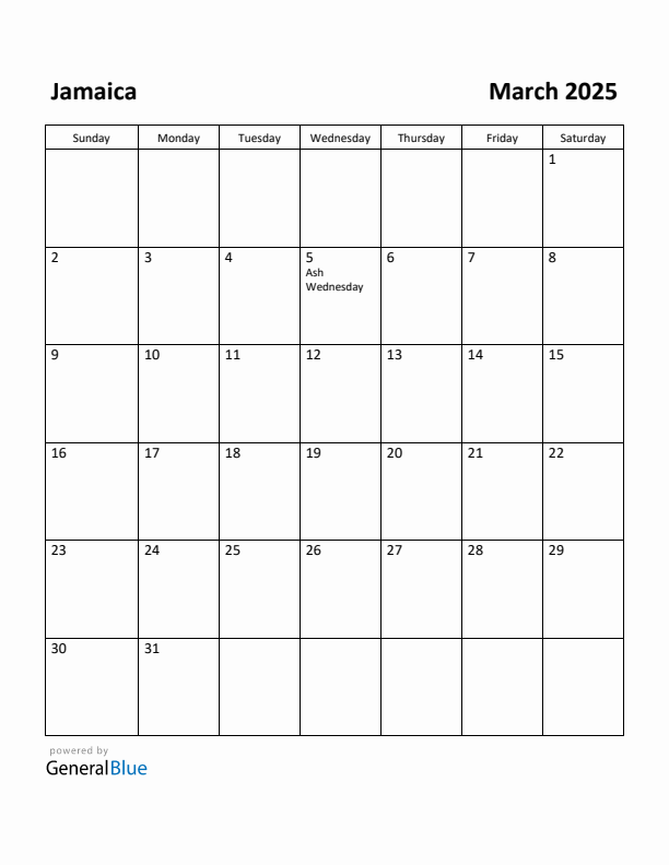 March 2025 Calendar with Jamaica Holidays